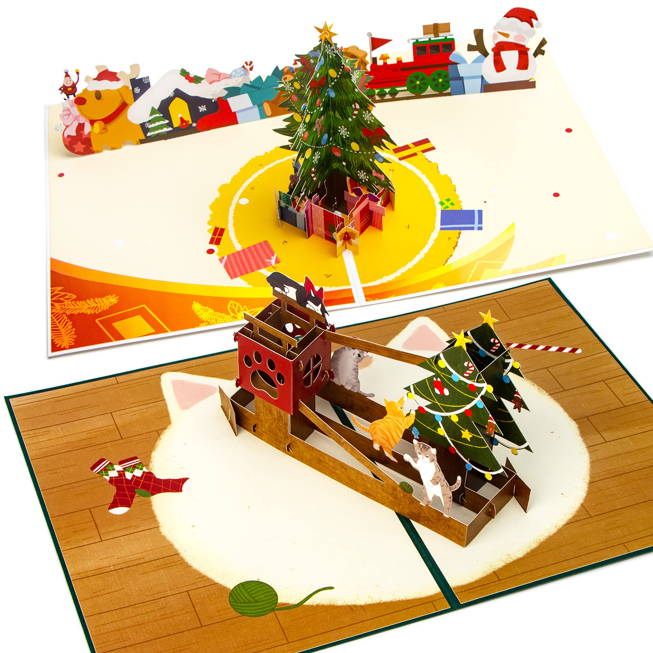 3D Pop Up Christmas Cards - 2 Pack Holiday Greeting Cards with Christmas Tree & Cat Design, Merry Xmas Cards for Kids, Mom, Dad, Son, Daughter, Grandson, Husband - Includes Envelopes | Perfect for Holiday Gifts, Family Greetings & Christmas Party Favors