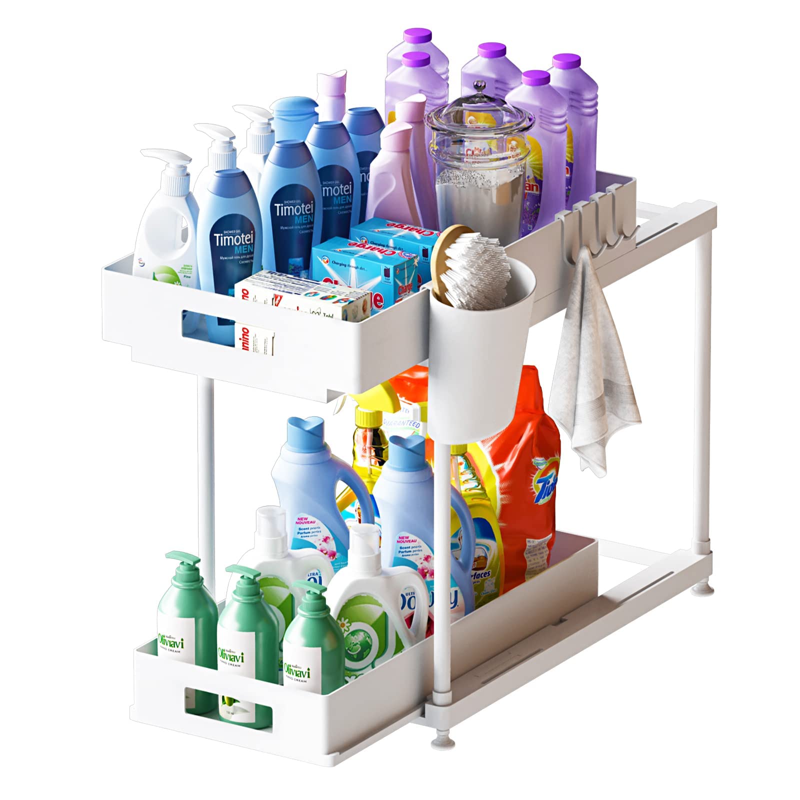 2-Tier Double Sliding Under Sink Organizer with Cup & Hooks - Space Saving Bathroom & Kitchen Cabinet Storage Rack for Home Organization - Perfect for Small Spaces, Apartments & Cluttered Cabinets