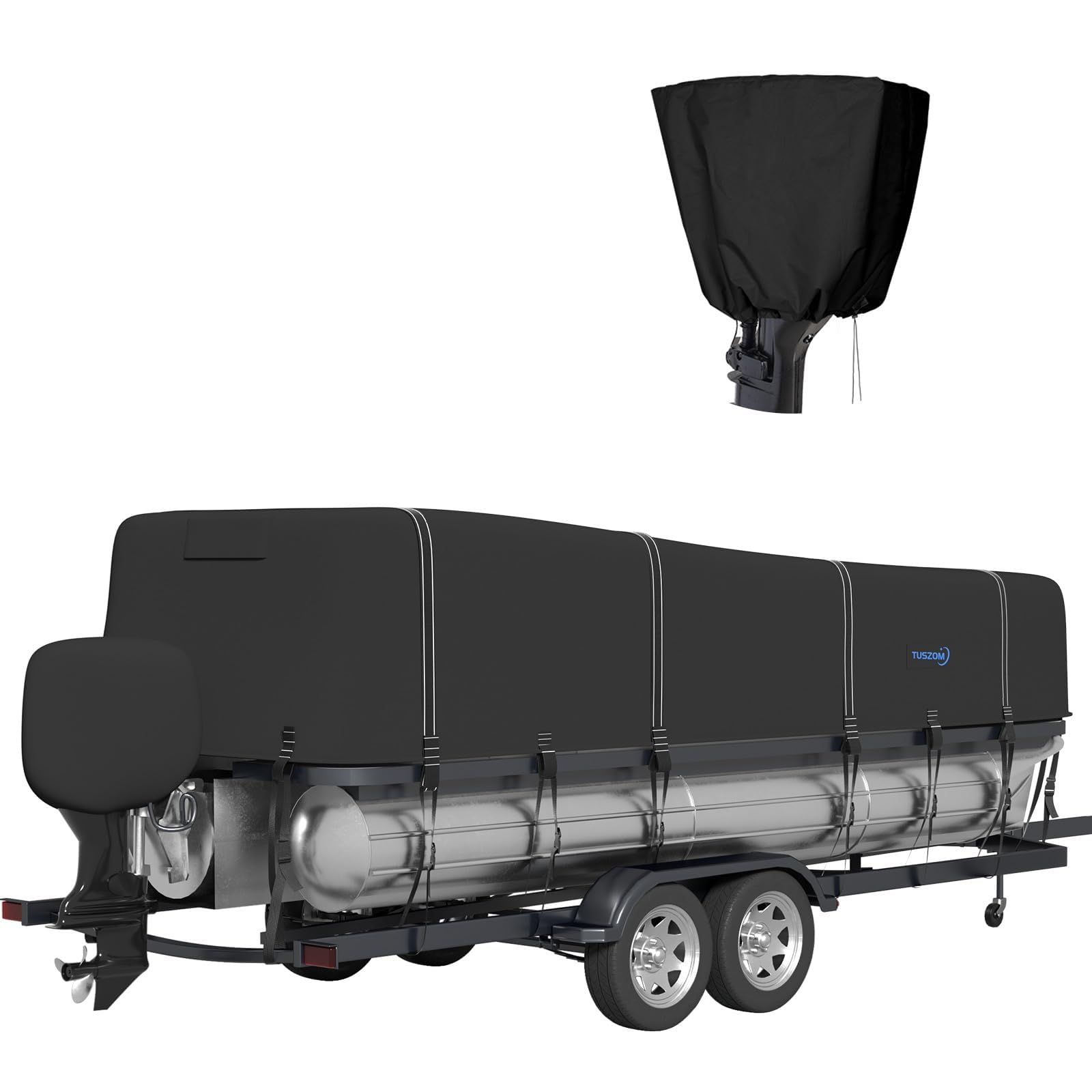Tuszom True 900D Solution-Dyed Waterproof Boat Cover - Heavy Duty 21-24ft Trailerable & Mooring Pontoon Cover with 12+4 Windproof Straps & Motor Protection - Perfect for Outdoor Storage, Travel & Marine Use