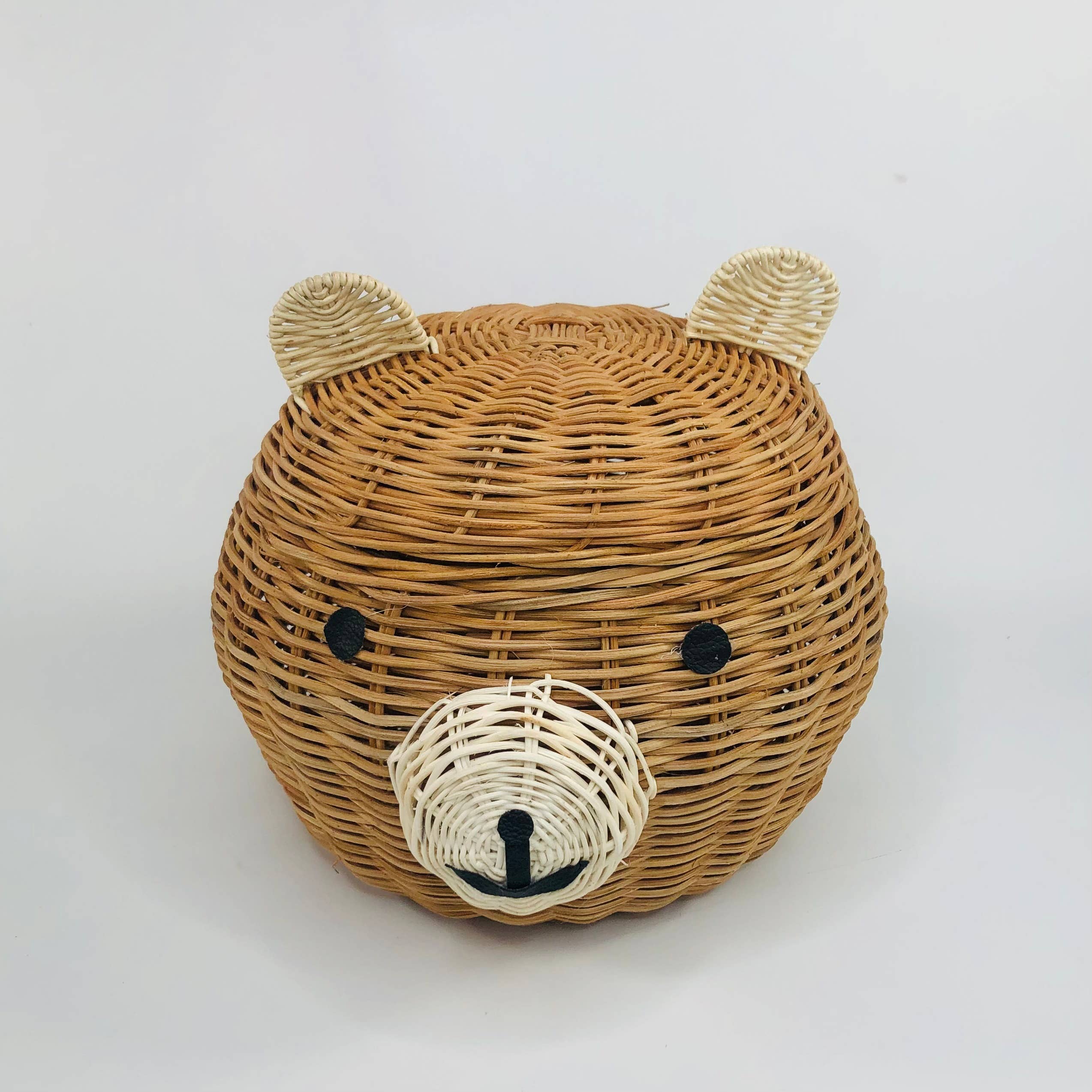 Natural Rattan Storage Basket with Lid - Bear Design Nursery Decor for Baby Clothes, Toys & Blankets | Perfect for Nursery, Playroom & Home Organization