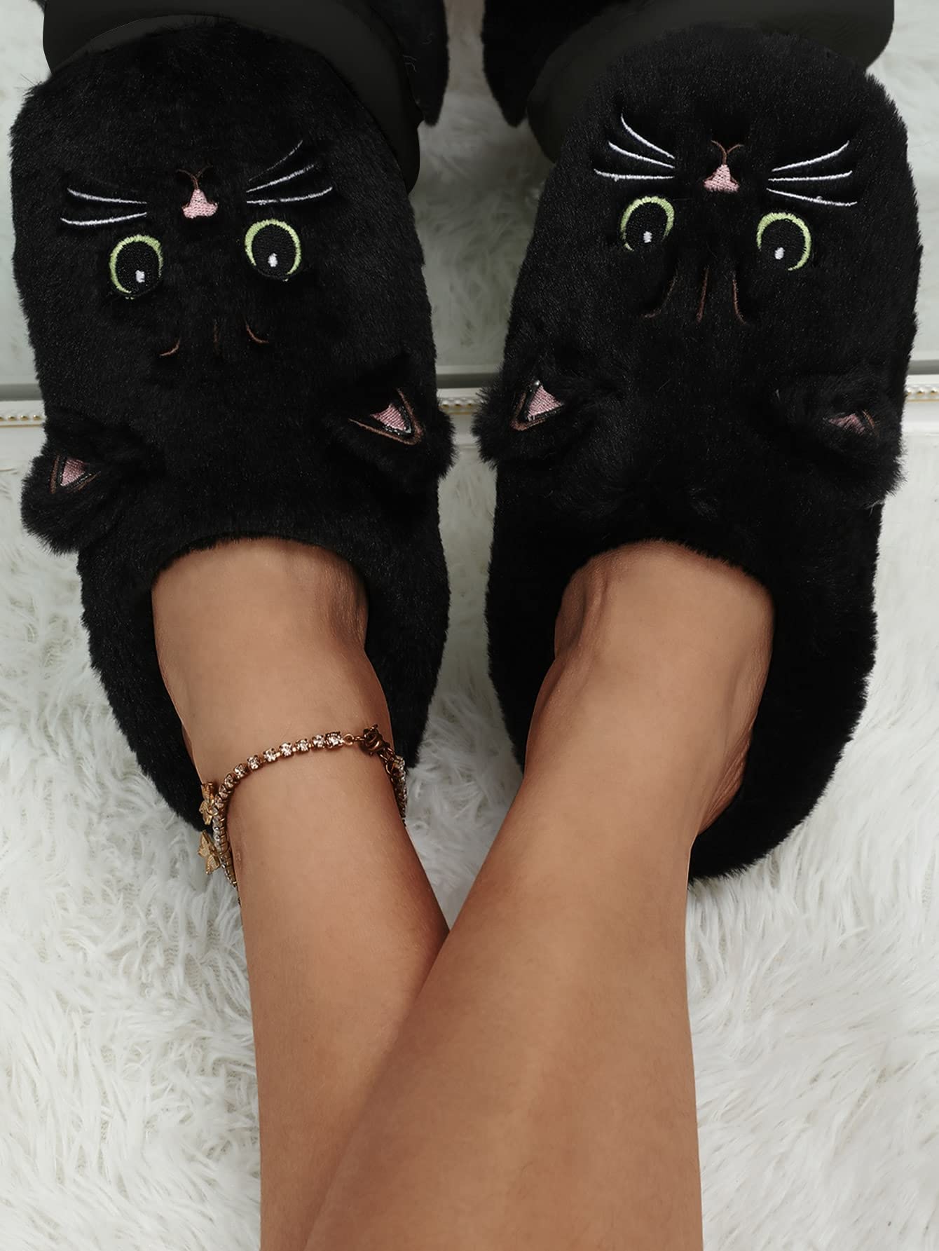 SweatyRocks Women's Embroidered Cartoon Fuzzy House Slippers - Soft Warm Indoor Slippers for Women with Round Toe - Perfect for Home, Lounge & Winter Comfort