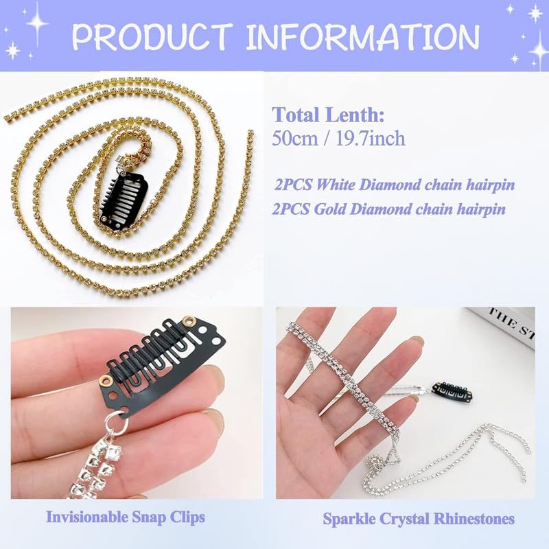 Chirography 4-Piece Sparkle Hair Chain for Girls - Rhinestone Hair Clips for Braiding & Styling - Silver & Gold Hair Extensions for Party, Wedding & Cosplay (2 Silver, 2 Gold) - Perfect for Special Occasions & Everyday Glam