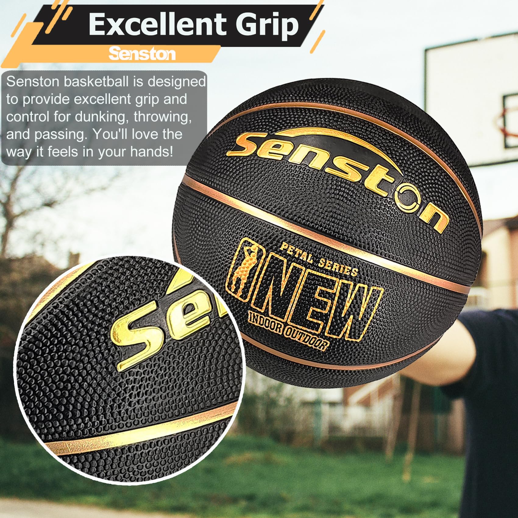 Senston 29.5'' Official Size 7 Rubber Basketball - Indoor & Outdoor Street Basketball with Air Pump - Perfect for Training, Games & Playground Use