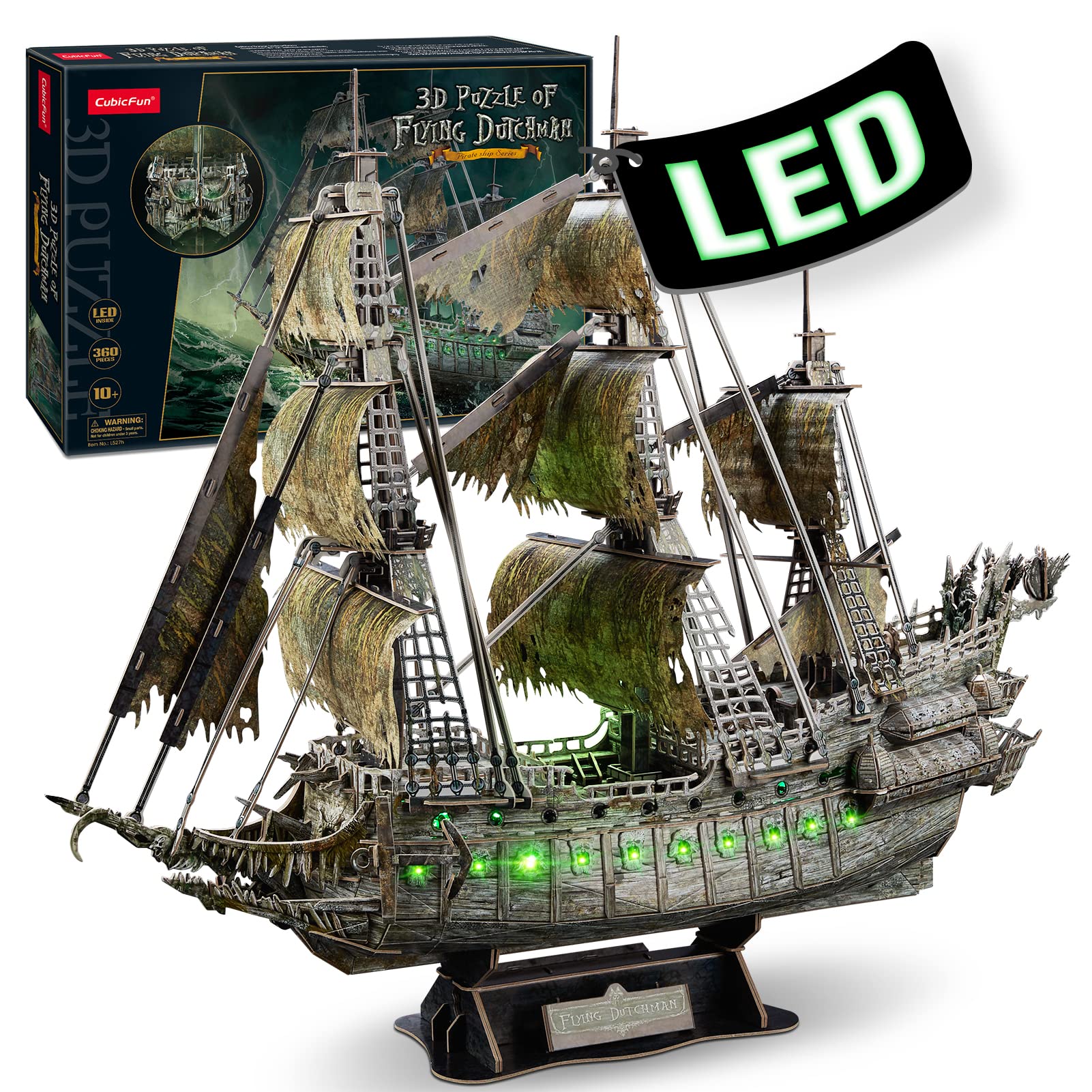 3D Puzzle for Adults - Green LED Flying Dutchman 360-Piece Haunted Pirate Ship Model Kit | Brain Teaser & DIY Arts & Crafts | Unique Gift for Men & Women | Perfect for Home Decor, Halloween Party & Puzzle Enthusiasts
