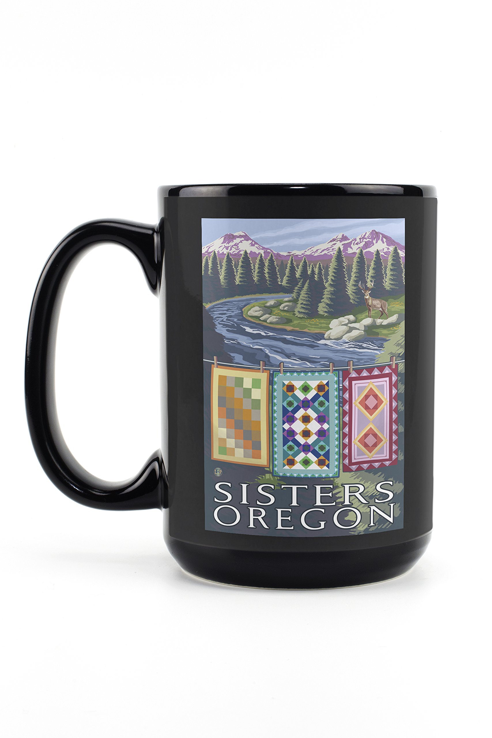 15oz Black Ceramic Coffee Mug with Sisters Oregon Quilt Design - Dishwasher & Microwave Safe Tea Cup - Perfect for Home, Office Use & Gift Giving - Enjoy Morning Coffee, Afternoon Tea & Cozy Moments by the Fireplace