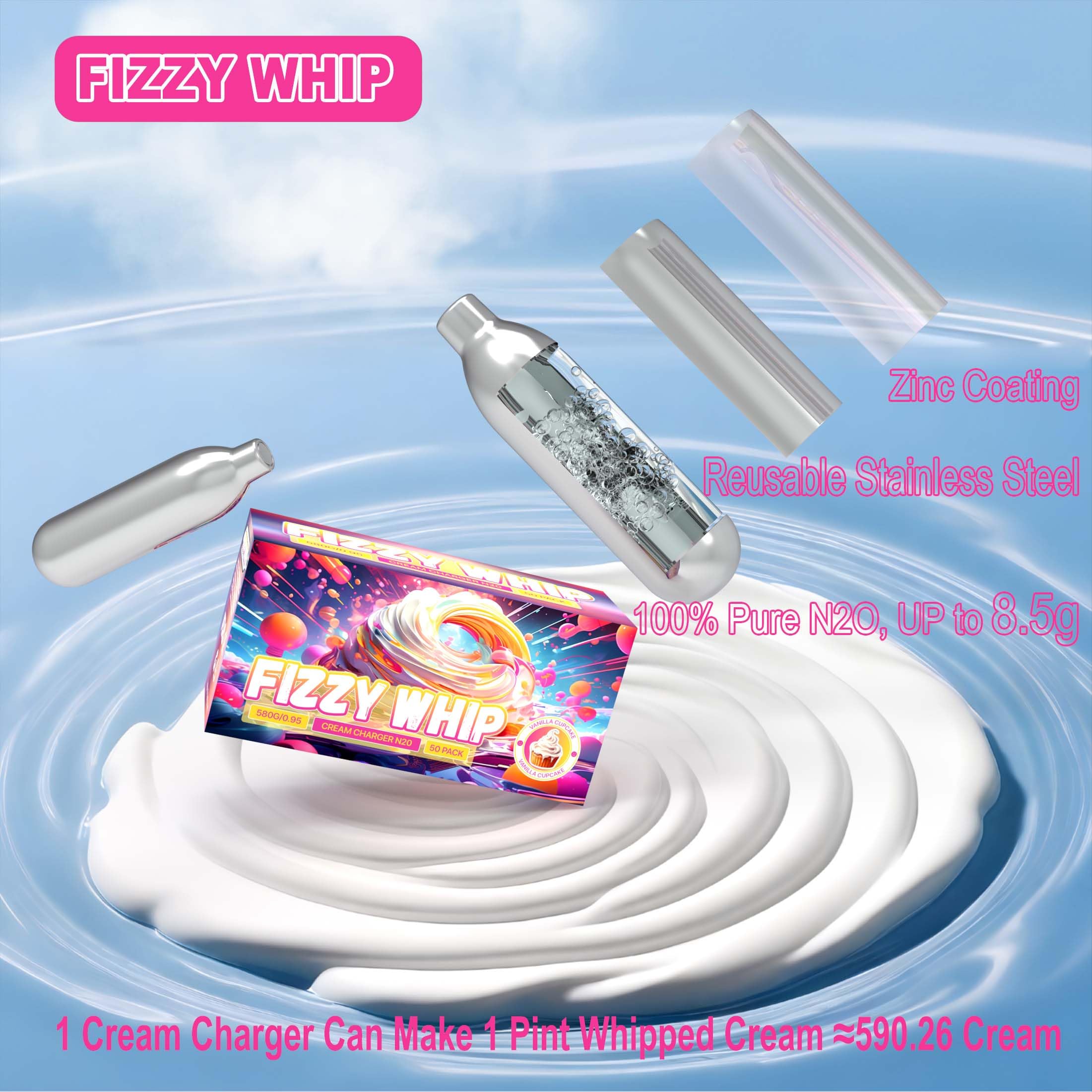 50 Pack Whipped Cream Chargers (8.5g Each) - Premium N2O Cartridges for Cream Whippers & Dessert Making - Perfect for Professional Bakeries, Coffee Shops & Home Chefs
