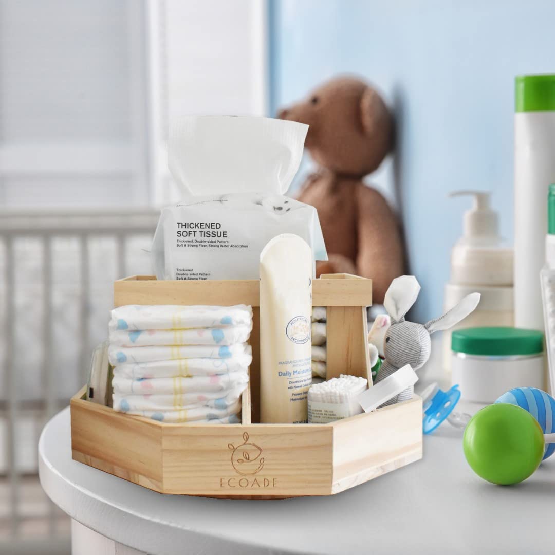 ECOADE 360° Rotating Wooden Diaper Caddy Organizer with Removable Dividers - Nursery Storage Solution for Baby Essentials, Diapers, Wipes & Toys | Perfect for Baby Showers, Nurseries & Childcare Organization