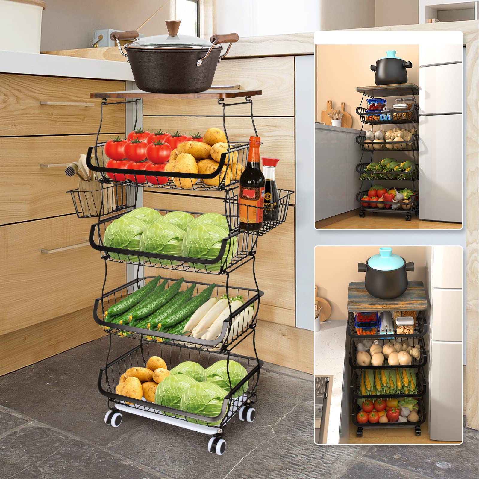 5-Tier Stackable Heavy Duty Wire Rolling Cart for Kitchen & Bathroom - Fruit & Vegetable Storage Basket Organizer with 2 Free Hanging Baskets | Perfect for Pantry Organization, Countertop Display & Small Space Storage