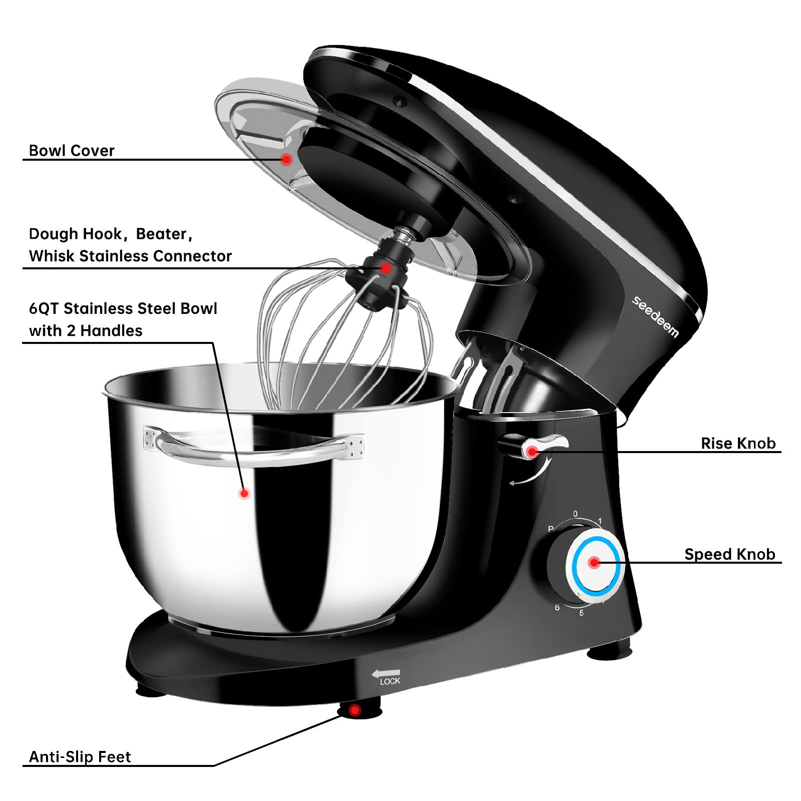 Seedeem 6Qt Stand Mixer, 660W Electric Food Mixer with Tilt-Head, 6-Speed Dough Mixer - Includes Dishwasher-Safe Dough Hook, Wire Whip & Beater - Perfect for Baking Bread, Cookies, Cakes & More - Black