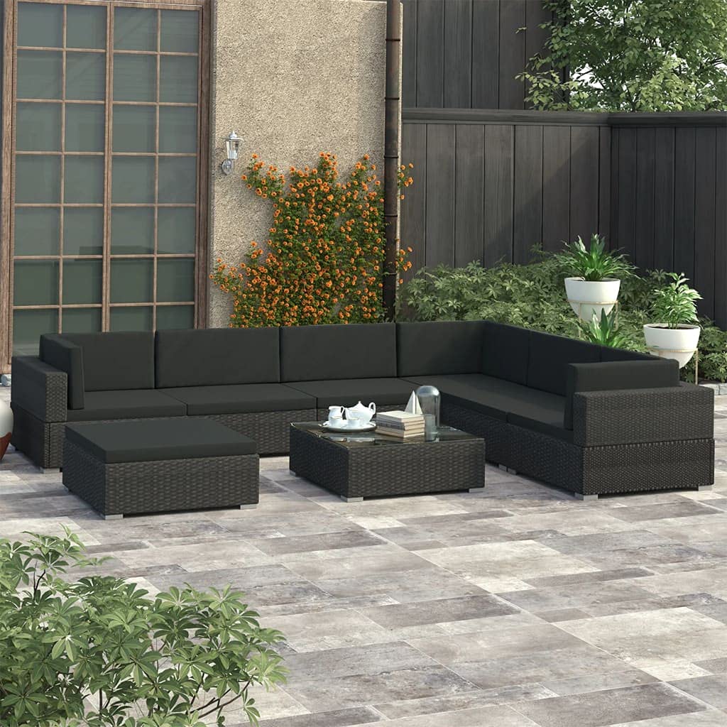 8-Piece Outdoor Patio Furniture Set with Glass Coffee Table, Black Poly Rattan Sectional Sofa & Ottoman, Wicker Conversation Set with Cushions - Perfect for Backyard, Garden, Poolside & Patio Relaxation