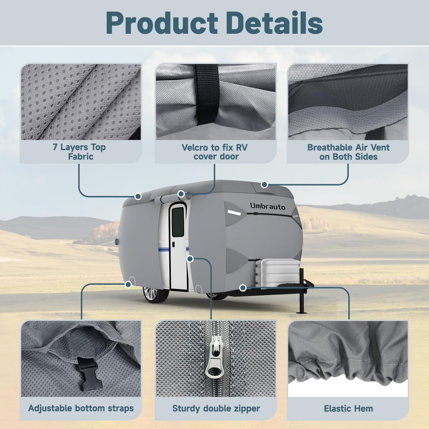 2023 Upgraded 7-Layer Fiberglass Travel Trailer Cover for 11'-13' Trailers - Windproof Strap & Adhesive Repair Patches Included | Waterproof RV Camper Cover for All-Weather Protection | Perfect for Outdoor Storage and Travel