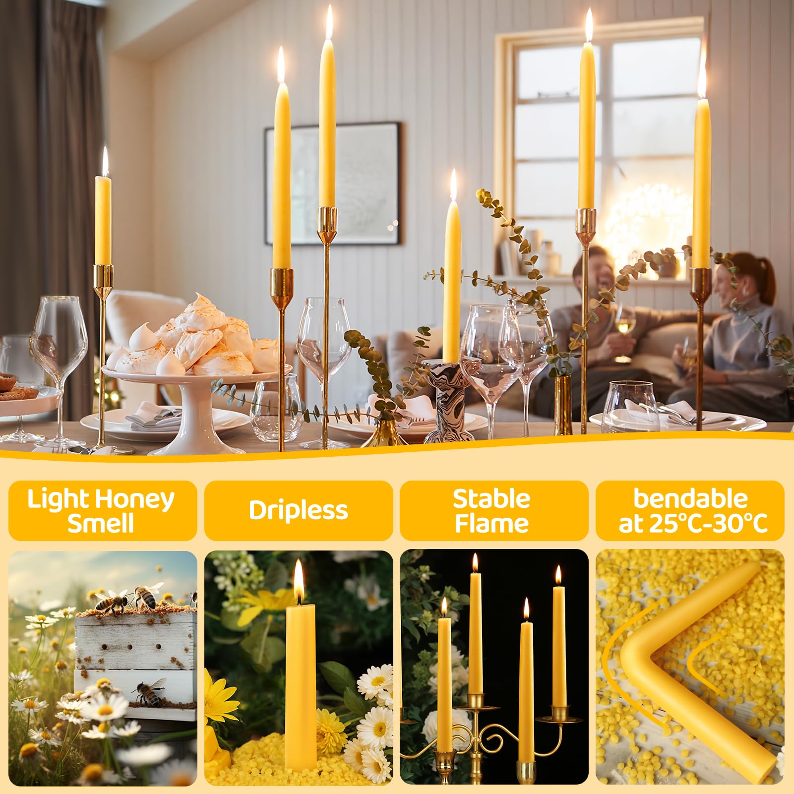 18 Pack Natural Beeswax Taper Candles - 9 Inch Dripless Pure Beeswax Candlesticks, 10 Hour Burn Time, Unscented Smokeless Dinner Candles for Romantic Dining, Wedding Centerpieces & Home Decor