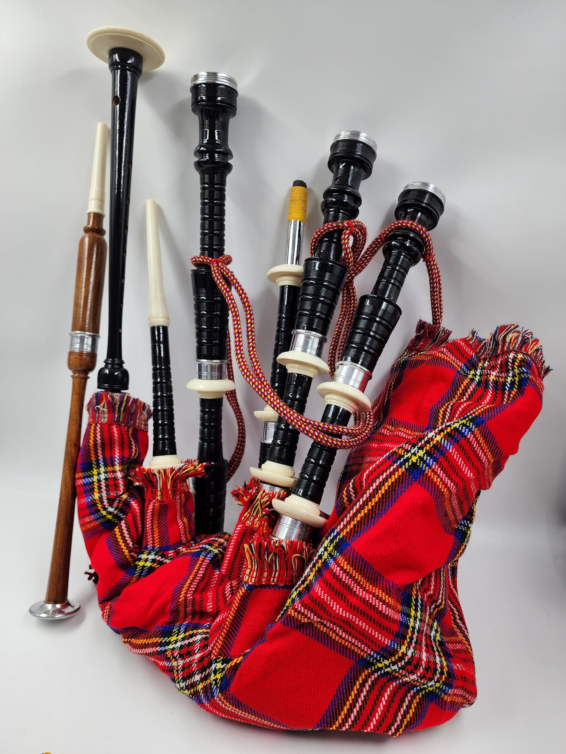 Premium Scottish Bagpipe Set - Traditional Folk Musical Instrument with Rosewood Finish & Royal Stewart Tartan Cover | Includes Free Tutor Book & Cane Drones | Perfect for Celtic Performances, Weddings & Cultural Events
