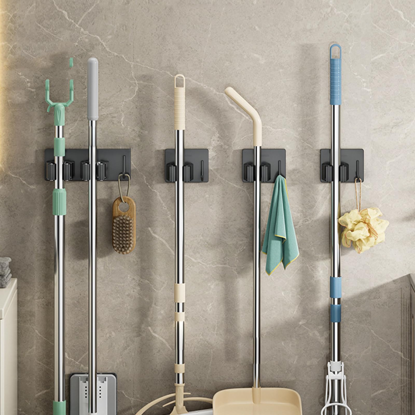 Wall Mounted Kitchen Broom Holder - Heavy Duty Garage Hanger Rack for Mops & Brooms | Space Saving Home Organization Tool for Pantry, Laundry Room & Utility Closet Storage