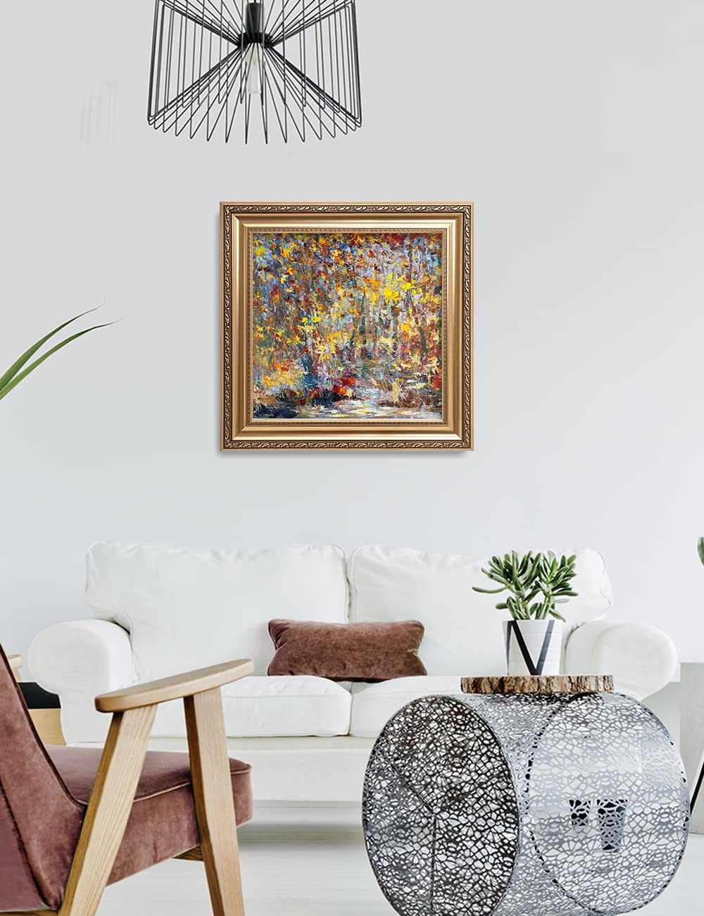 DECORARTS - David Ma's Gathering Birds Abstract Landscape Wall Art | Giclee Print in Classic Golden Frame (26x26 Inches) | Ready to Hang | Perfect for Living Room, Bedroom & Office Decor
