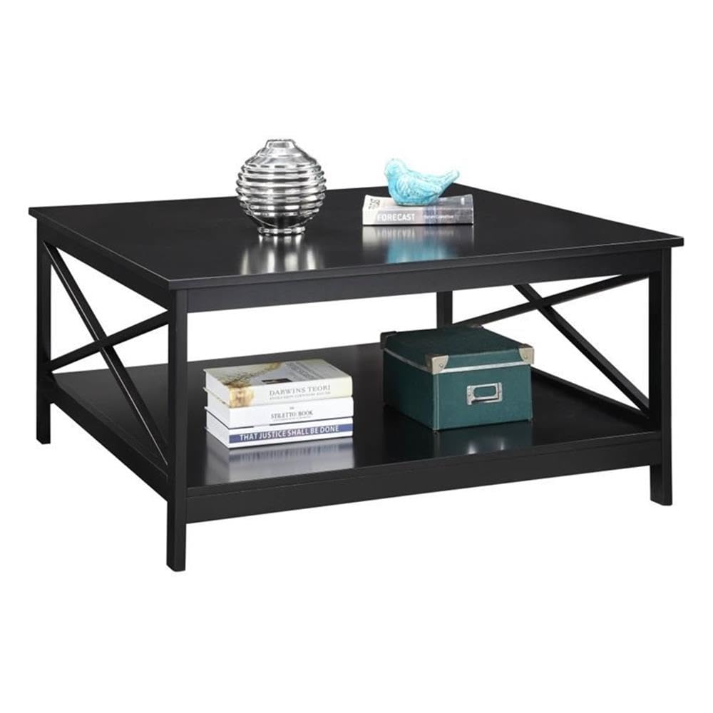 Pemberly Row 36 Inch Black Wooden Square Coffee Table with Storage Shelf | Modern Living Room Furniture for Small Spaces, Home Decor & Entertainment Areas