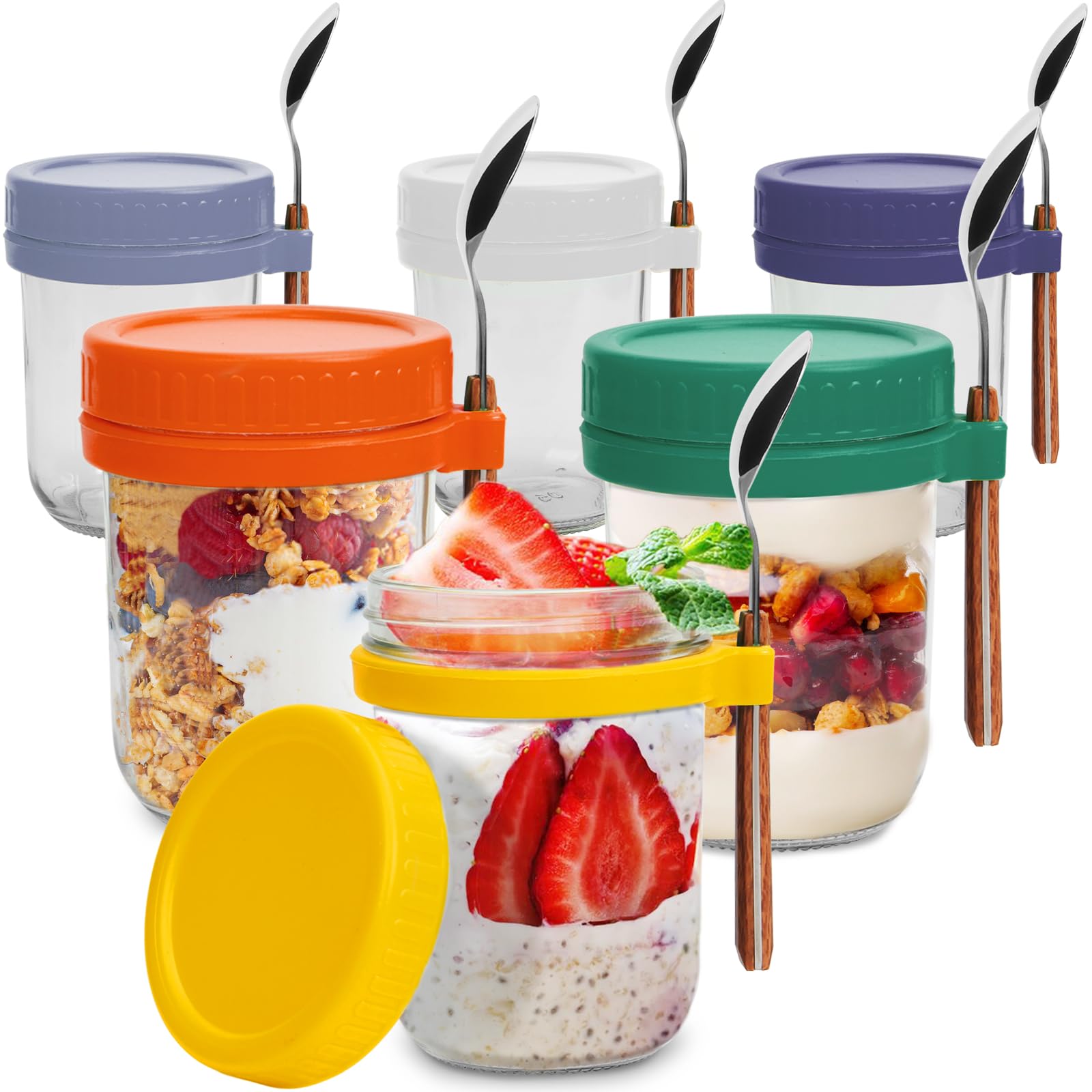6 Pack 16 oz Glass Overnight Oats Containers with Lids & Spoons - Large Airtight Storage Jars for Yogurt, Milk, Cereal & Meal Prep - Perfect for Breakfast On-The-Go, Office Lunch & Healthy Snacks