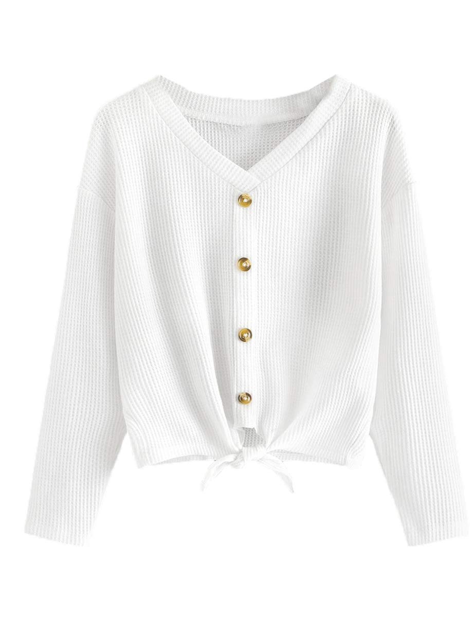 Romwe Women's Casual Waffle Knit Long Sleeve Button Down Tie Knot Hem Blouse - Soft Comfortable T-Shirt for Everyday Wear, Work & Date Nights