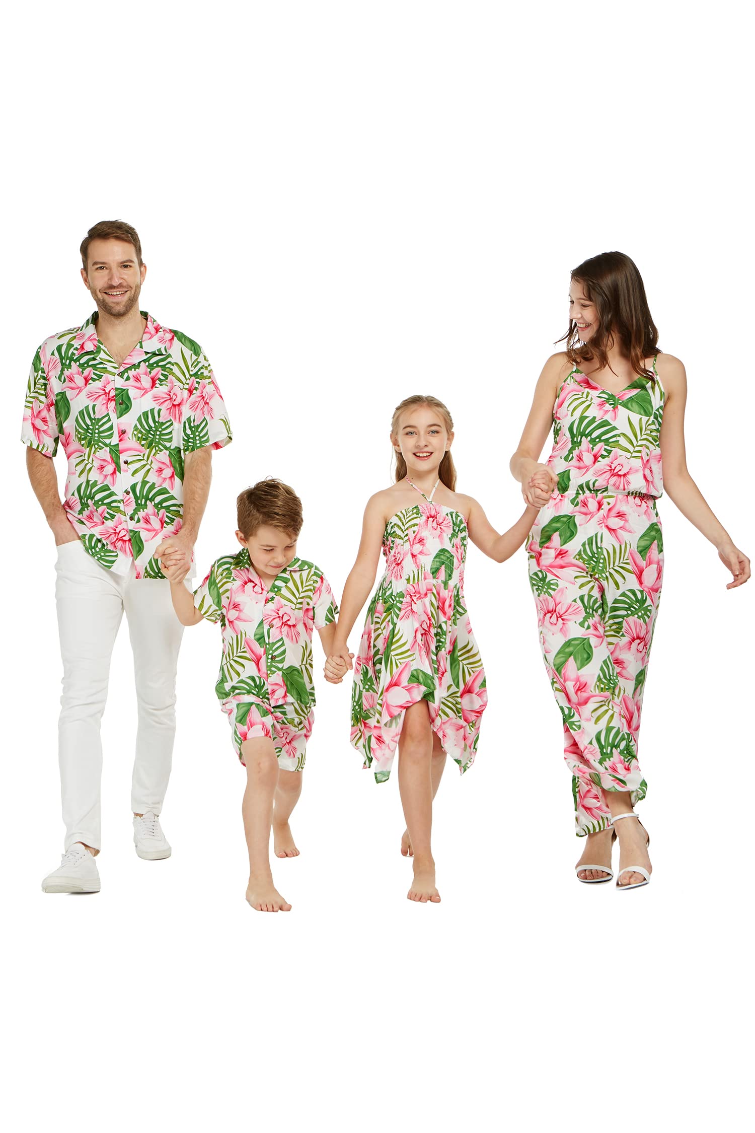 Hawaiian Luau Outfits for Family - Matching Aloha Shirts & Dresses in Lotus & Orchid Print | Men, Women, Girls & Boys | Perfect for Beach Parties, Summer Vacations & Tropical Themed Events