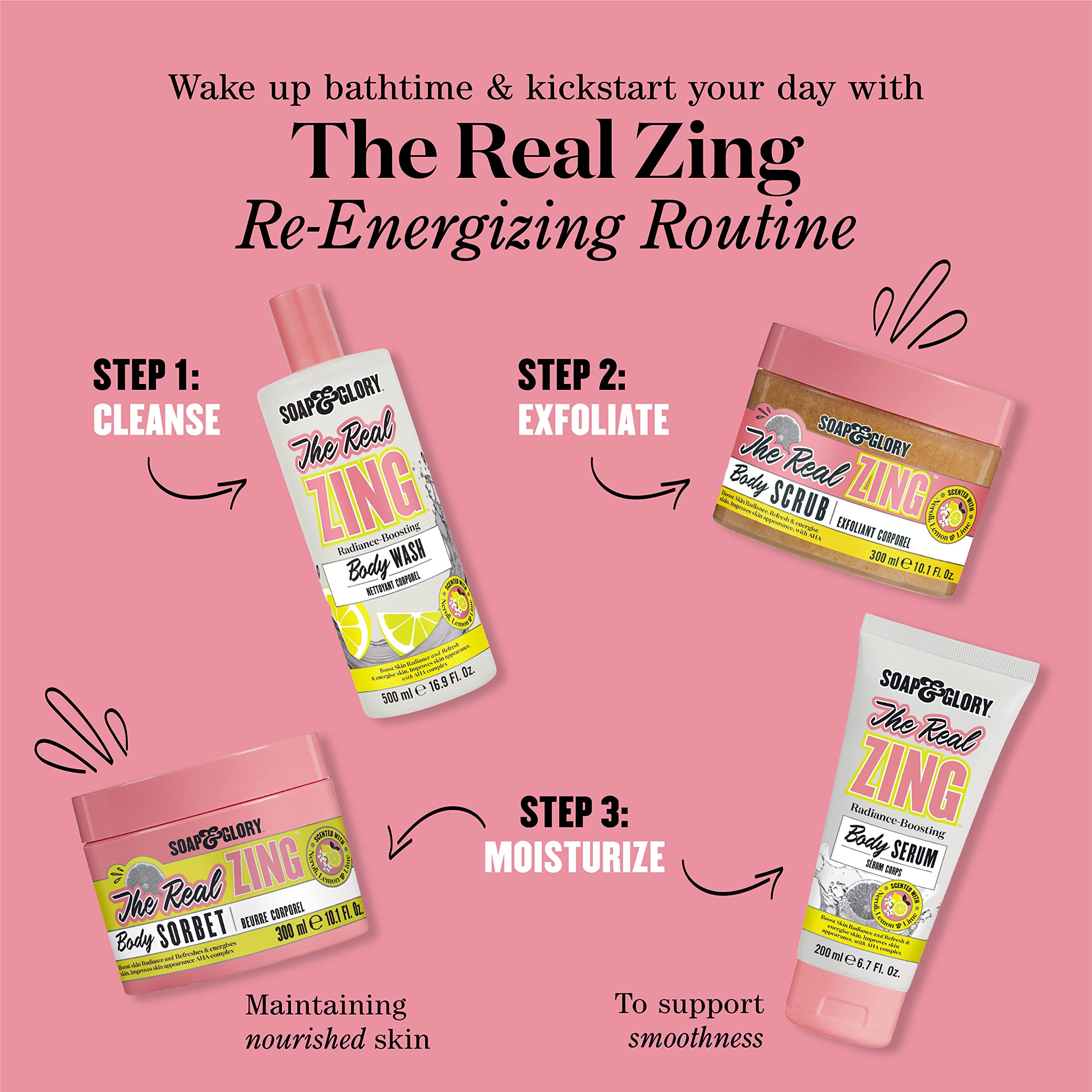 Soap & Glory The Real Zing Body Serum - AHA Fruit Complex Radiance Boosting Moisturizer for Dry Skin | Skin Brightening & Hydrating Body Lotion with Citrus Scent | Perfect for Daily Use, Post-Shower Hydration & Summer Skin Care (200ml)