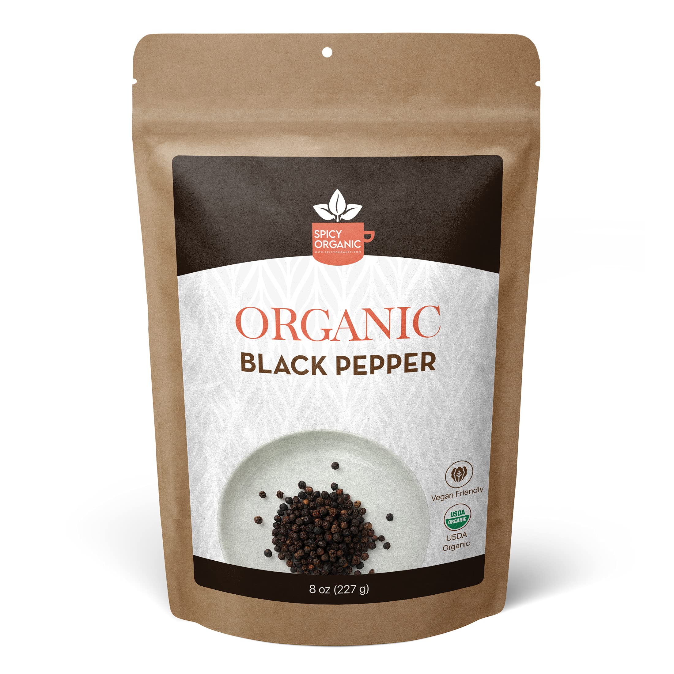 Organic Black Peppercorns Whole 8 oz - Premium Ceylon Quality, Fresh & Spicy Peppercorns for Pepper Grinder Refill - USDA Certified Organic, Gluten-Free, Kosher - Perfect for Cooking, Seasoning & Gourmet Dishes