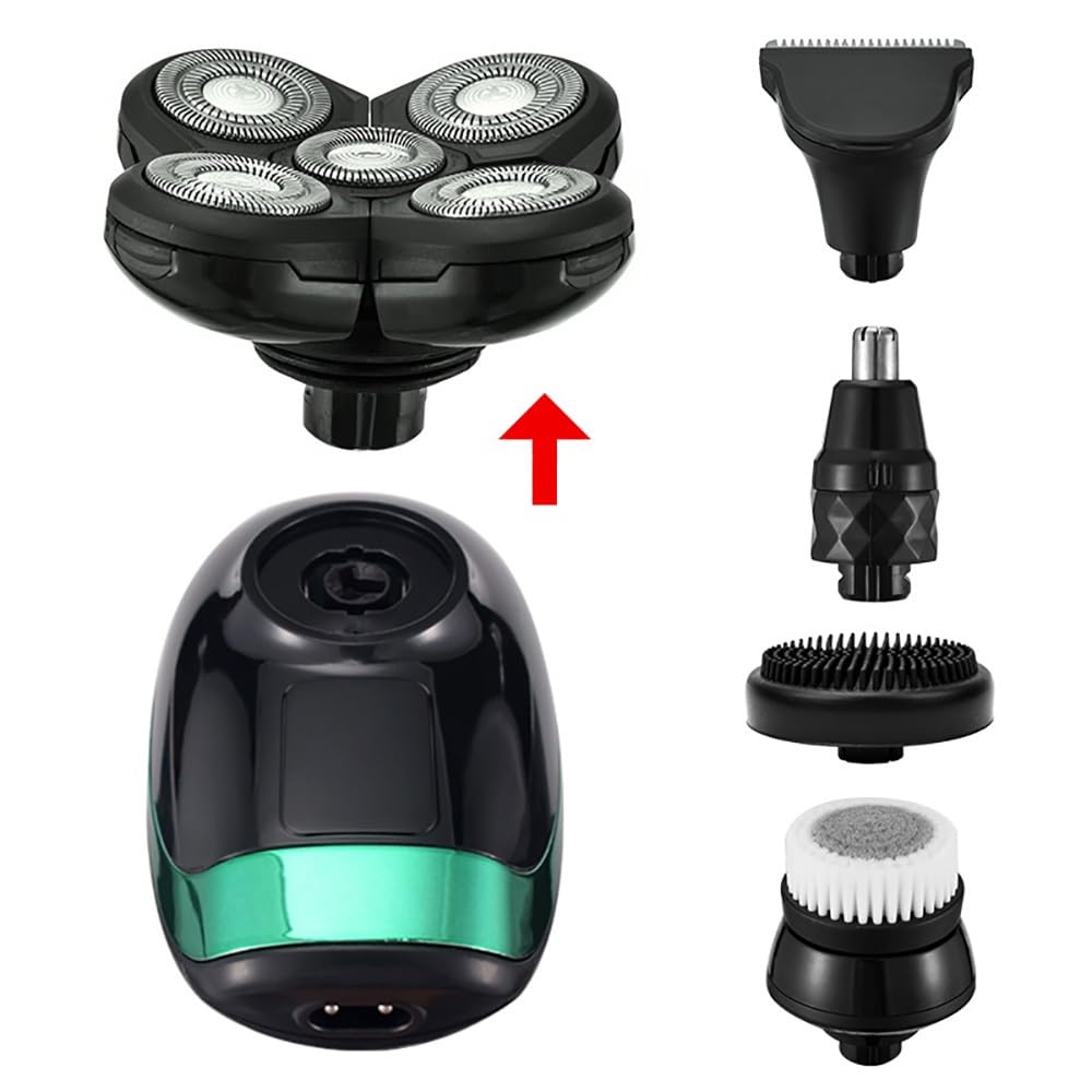 5-in-1 Rechargeable Electric Head Shaver for Men - Waterproof Bald Head Shaver with Floating Heads, Nose & Ear Hair Trimmer & Facial Cleaning Brush - Perfect for Travel, Gym & Daily Grooming Routine