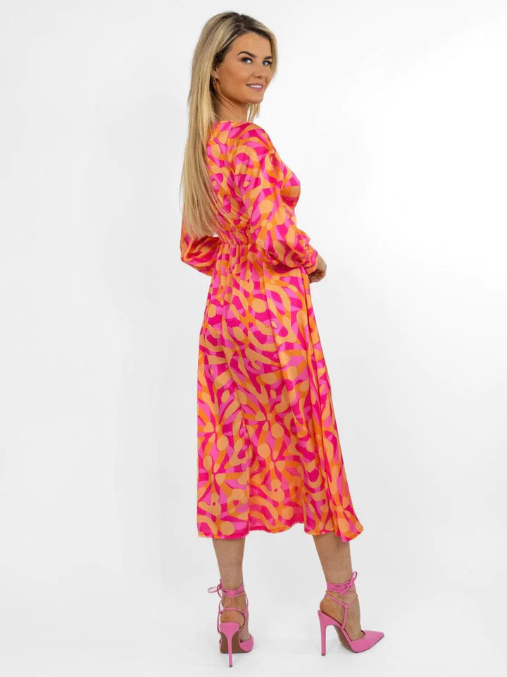 Birkin Midi Dress for Women - Floral Print Summer Dress in Pink & Orange | Perfect for Beach, Vacation, and Casual Outings