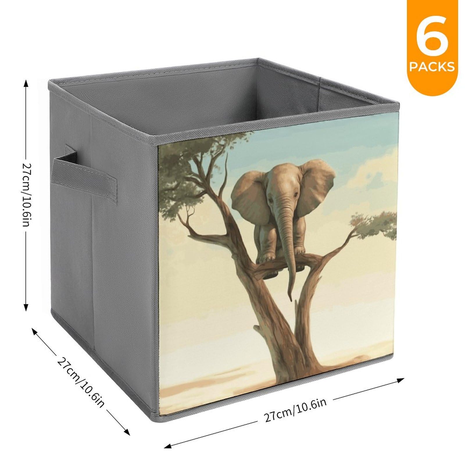 Collapsible Waterproof Storage Cube Bins with Handles - 6 Pack Organizer Baskets for Home, Closet, Office & Bedroom - Elephant Design Toy Storage Box for Kids Room & Nursery Organization