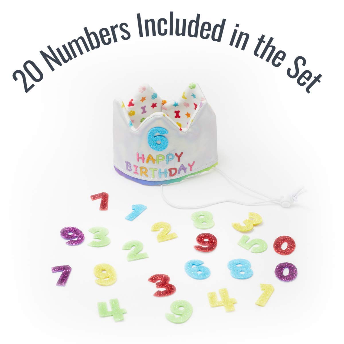 Happy Birthday Crown Hat for Dogs & Cats - Glitter Age Numbers Included (20pcs) - Reversible & Reusable Pet Party Hat - Embroidered 