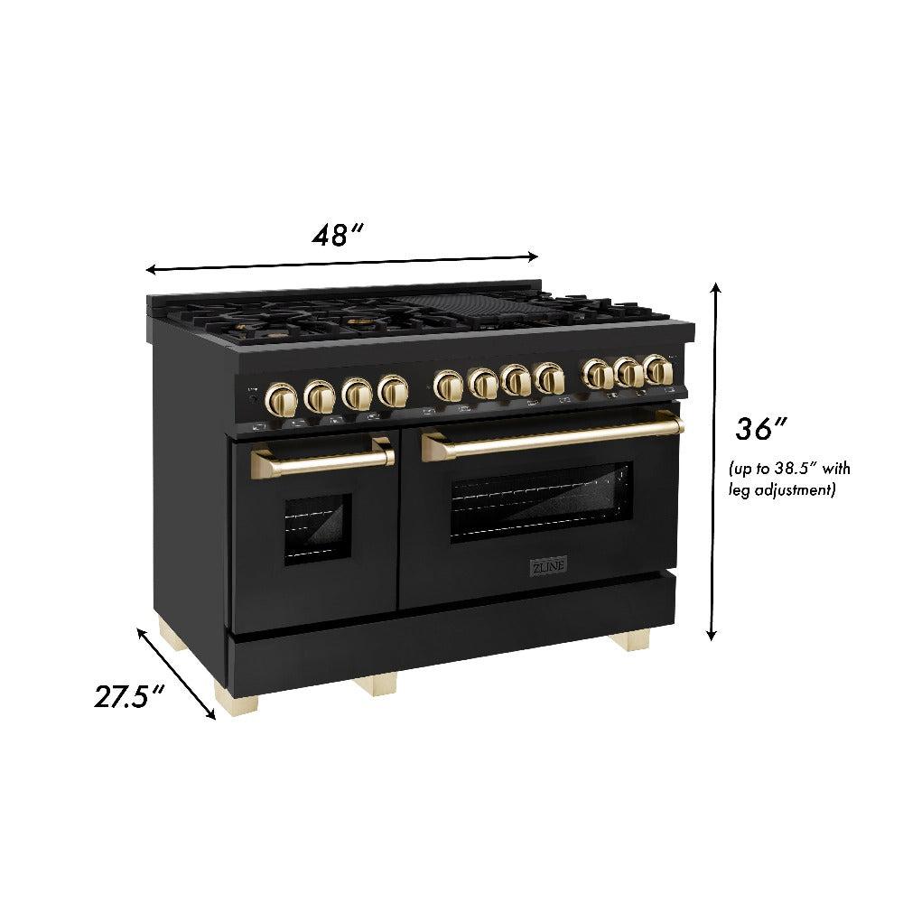 ZLINE Autograph Edition 48-inch Professional Kitchen Package - Black Stainless Steel Dual Fuel Range, Range Hood, Dishwasher & Refrigerator with External Water Dispenser & Polished Gold Accents (4AKPR RABRHDWV48 G) - Perfect for Modern Luxury Kitchens, Restaurant-Style Cooking & Entertaining
