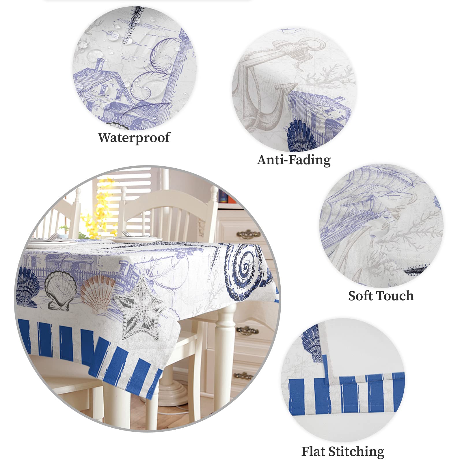 60x120 Inch Nautical Themed Polyester Tablecloth - Waterproof & Spillproof Dining Table Cover for Indoor/Outdoor Parties, Daily Use - Seashell, Starfish, Lighthouse, Seahorse Retro Blue Design | Perfect for Beach Weddings, Summer BBQs & Coastal Home Decor