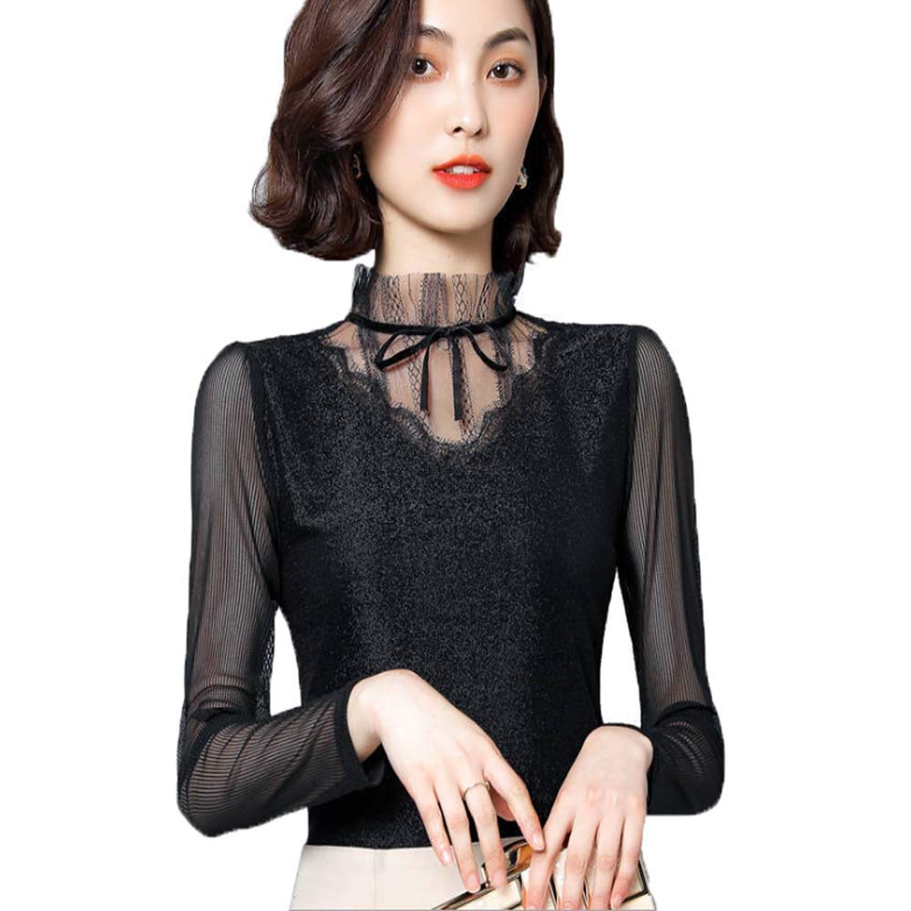 Elegant Women's Turtleneck Lace Long Sleeve Blouse - Slim Fit Stretch Top for Layering | Perfect for Office Wear, Date Nights & Winter Fashion