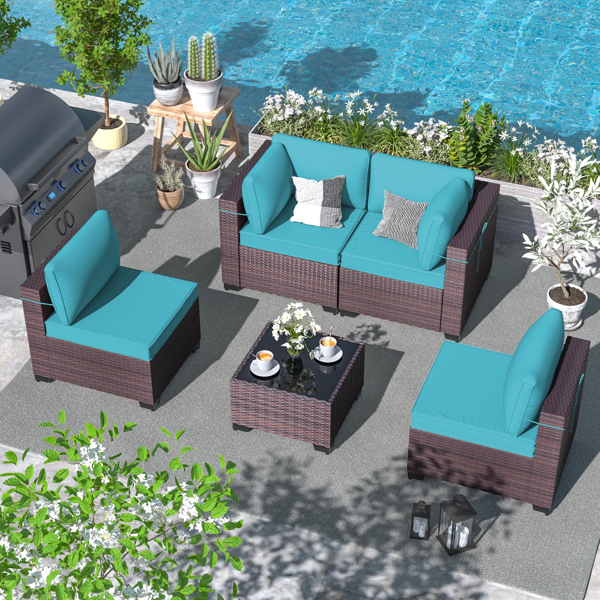 5-Piece All-Weather Patio Furniture Set - Blue Rattan Wicker Outdoor Sectional Sofa with Thick Cushions & Glass Coffee Table - Perfect for Backyard, Garden, Poolside or Deck Relaxation