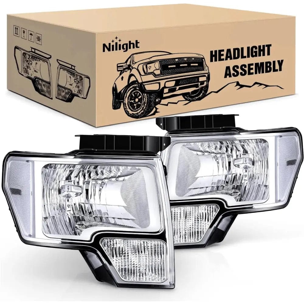 2009-2014 Ford F150 Headlight Assembly - Chrome Housing with Clear Reflector - Replacement Headlamp for Improved Night Driving & Off-Road Visibility