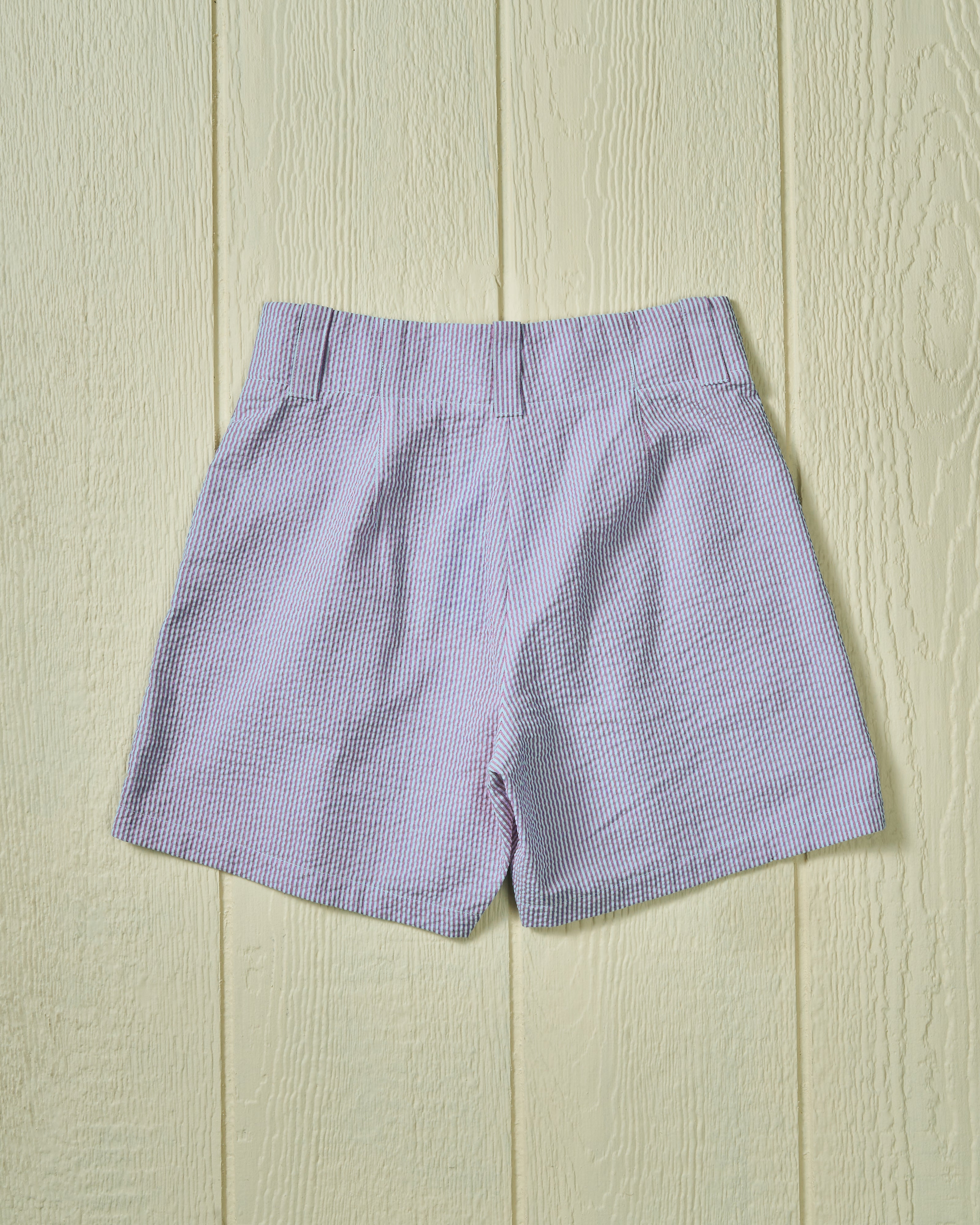 Women's Pleated Shorts - Overdyed Blue Seersucker High Waist Summer Shorts for Casual Outfits & Beach Vacations