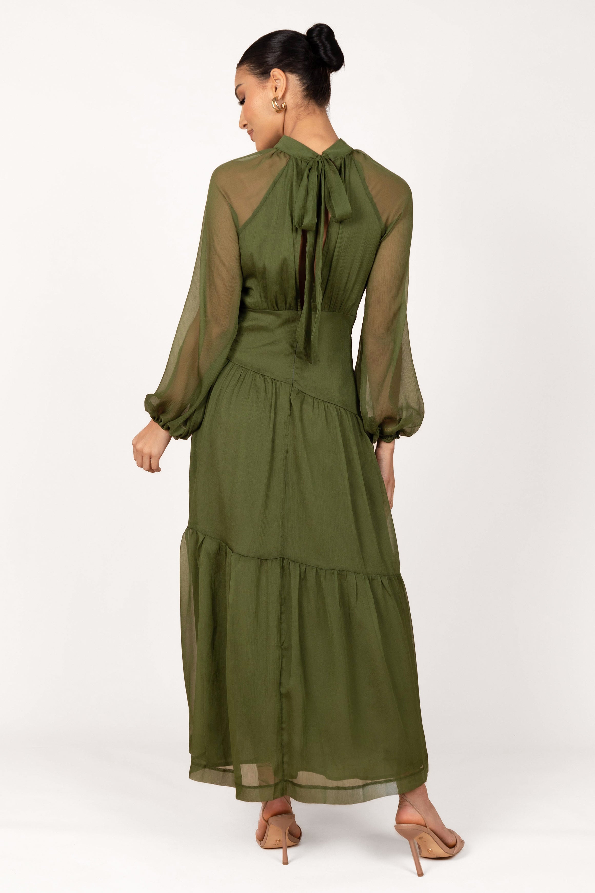 Julip Sheer Long Sleeve Maxi Dress for Women - Olive Green Flowy Boho Beach Dress for Summer Vacation, Date Night & Outdoor Parties