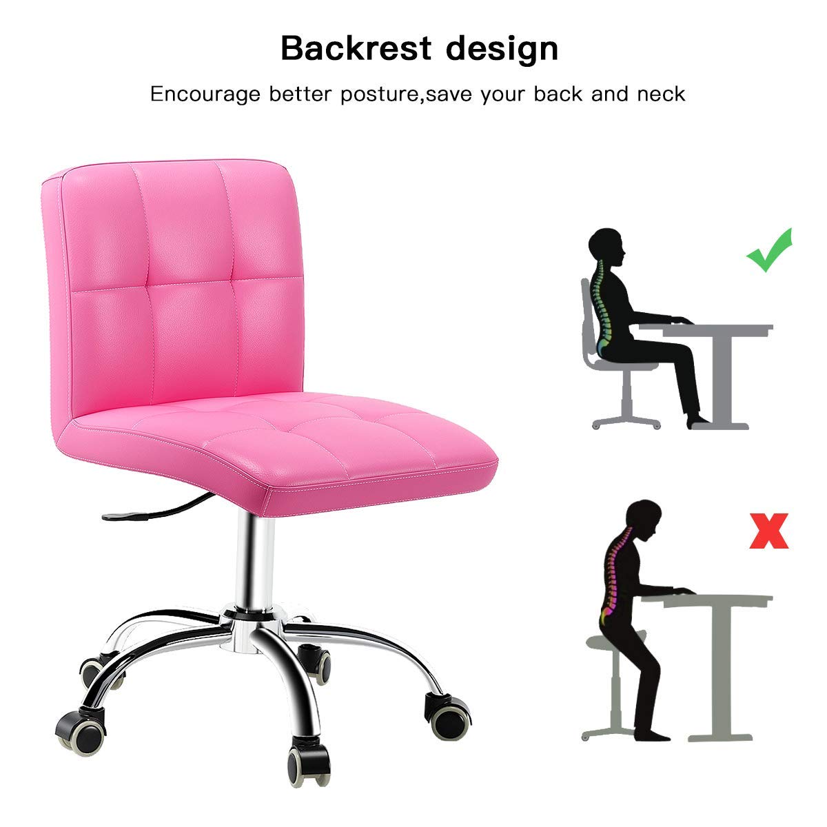 360° Swivel Ergonomic Office Desk Chair - Adjustable PU Rolling Task Chair with Backrest for Barber Shop, Home Office, Computer Workstation - Armless Pink Gaming Chair for Work & Study Comfort