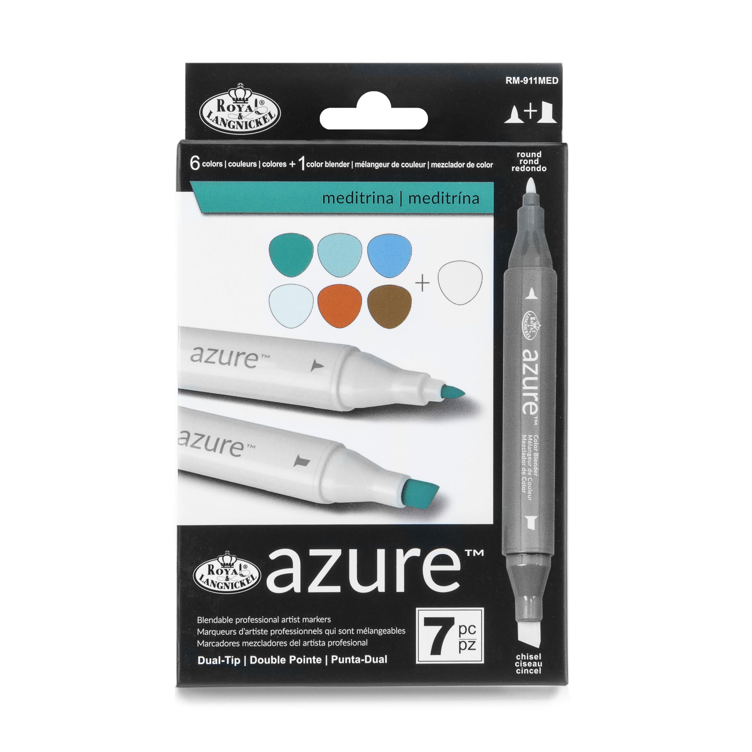 Royal & Langnickel Azure 7-Piece Dual-Tip Alcohol-Based Marker Set - 6 Vibrant Markers & 1 Blender Pen for Artists, Illustrators & Crafters - Perfect for Sketching, Manga, Calligraphy & DIY Projects
