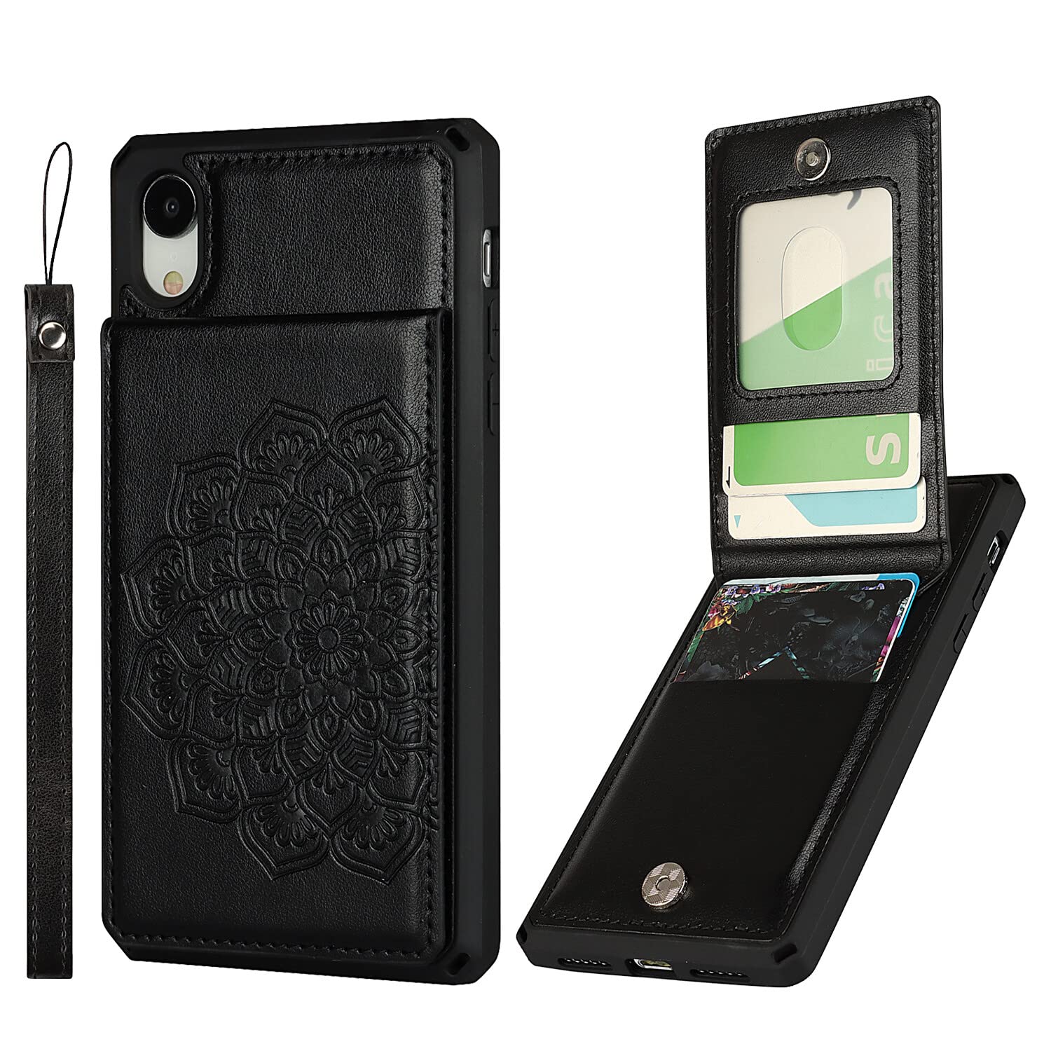 Premium PU Leather iPhone XR Wallet Case with Card Holder & Kickstand - Shockproof Credit Card Slots Phone Cover with Wrist Strap for Men & Women (Black) - Perfect for Travel, Shopping & Everyday Use