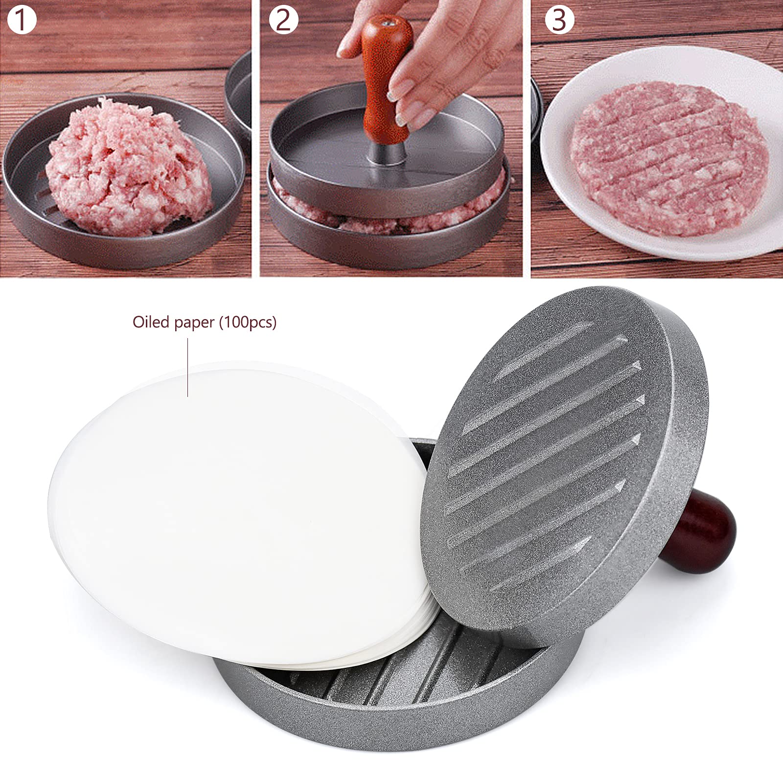 Stainless Steel Burger Press with 100 Patty Papers - 2 Pack 11.5cm Hamburger Patty Maker for BBQ, Grilling, Picnics & Backyard Parties - Perfect for Making Juicy Homemade Burgers & Meat Patties