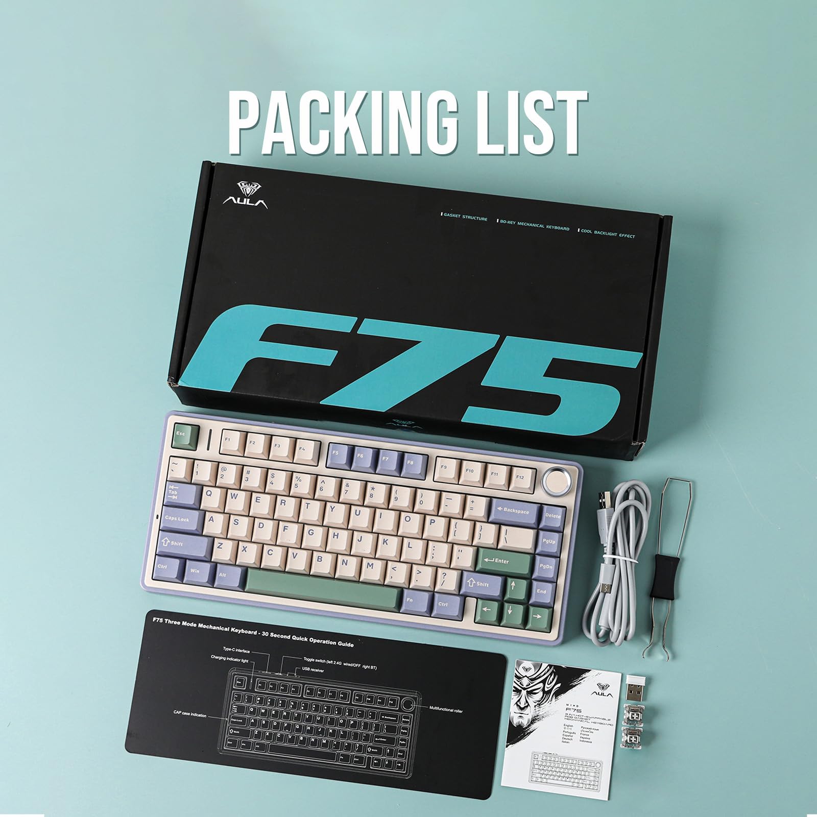 EPOMAKER x Aula F75 75% Wireless Mechanical Keyboard - Hot Swappable Gaming Keyboard with Gasket Mount, 5-Layer Padding, Rotary Knob, Bluetooth/2.4GHz/USB-C, RGB Backlit (Green, Graywood V3 Switch) - Perfect for PC Gaming, Office Work & Typing Enthusiasts