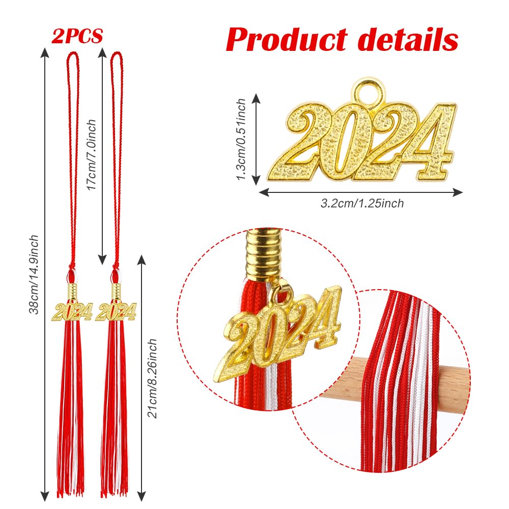 2024 Graduation Tassel Set - 2 Pack Red & White Tassels with Charms for High School & College Cap Decorations - Perfect for Commencement Ceremonies, Photo Shoots & Graduation Parties