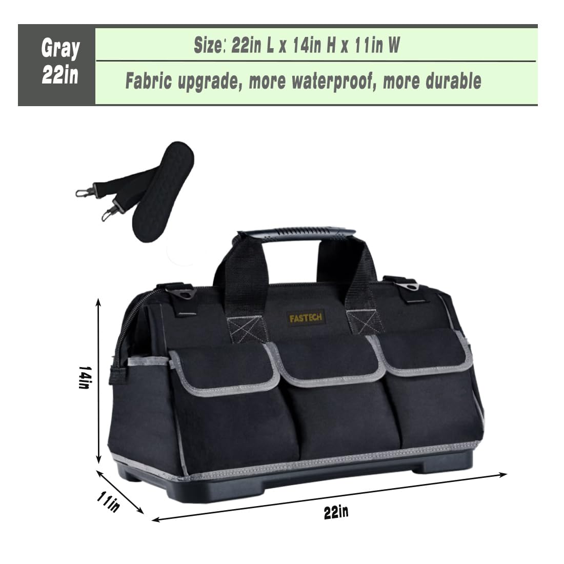 22-Inch Wide Mouth Waterproof Tool Bag with Molded Base & Adjustable Shoulder Strap - Durable Men's Tool Organizer for Construction, Electricians & DIY Projects