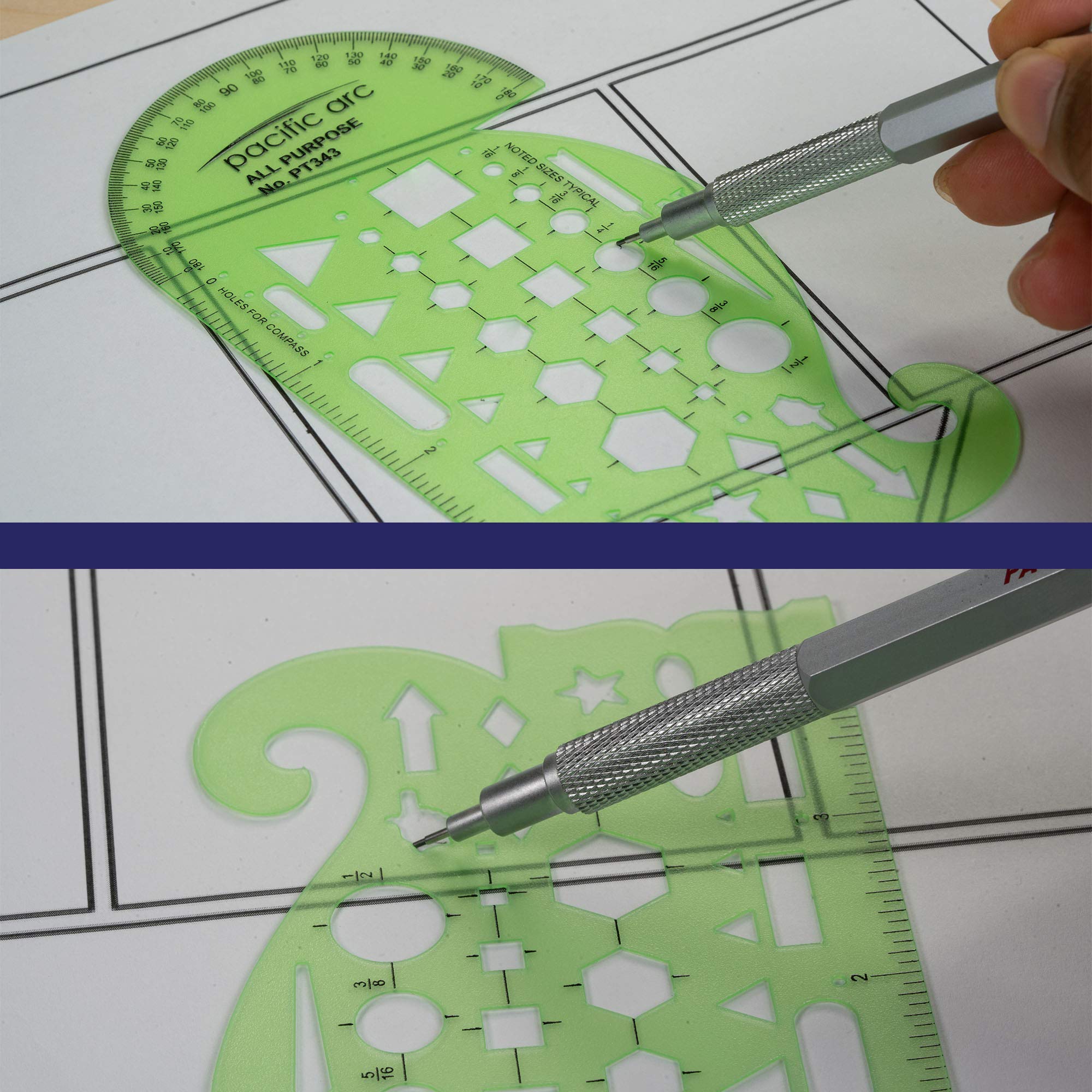 Pacific Arc All-Purpose Template Guide with Protractor, 4-Inch Ruler, French Curves & Standard Shapes - Perfect for Drafting, Architecture, Engineering & DIY Projects