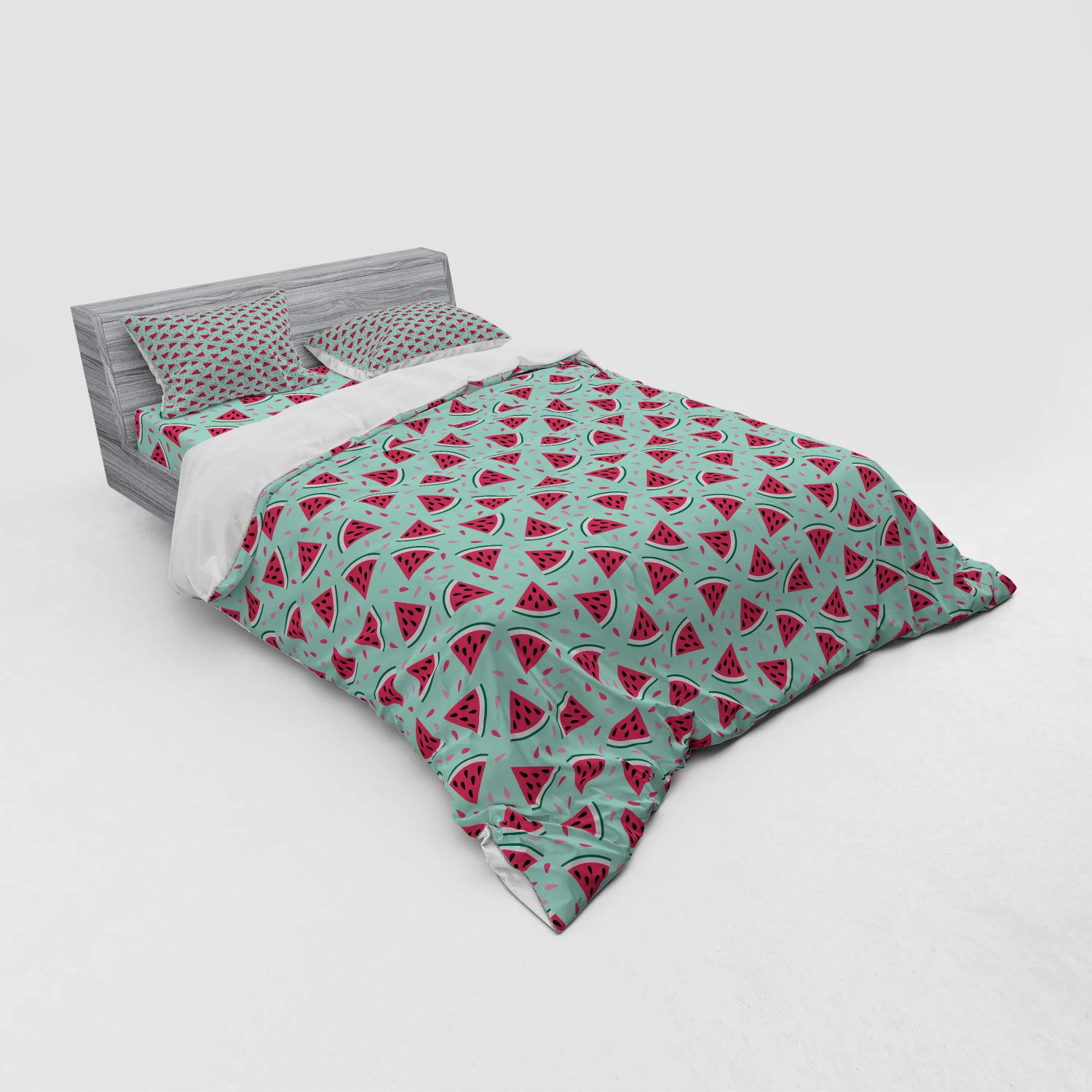Ambesonne Watermelon Pop Art Bedding Set - 4 Piece Duvet Cover with Shams & Fitted Sheet, Queen Size in Almond Green & Dark Coral - Fresh Fruit Themed Bedroom Decor for Summer & Tropical Style Rooms