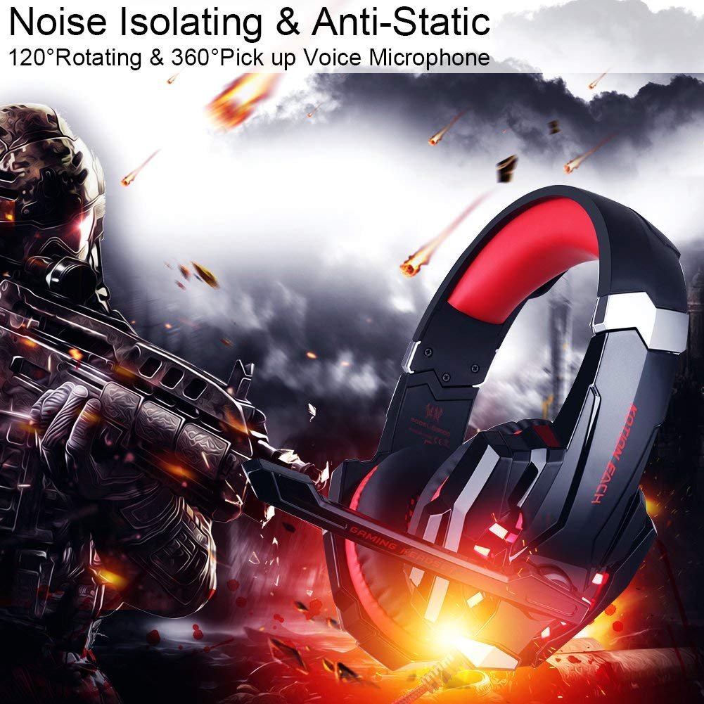 Premium Stereo Gaming Headset for PS4, PS5, PC, Xbox One & Nintendo Switch - Noise Cancelling Over-Ear Headphones with Mic, LED Lights & Deep Bass Surround - Soft Memory Foam Earmuffs for Comfort - Perfect for Gaming, Streaming & Online Meetings (Black-Red)