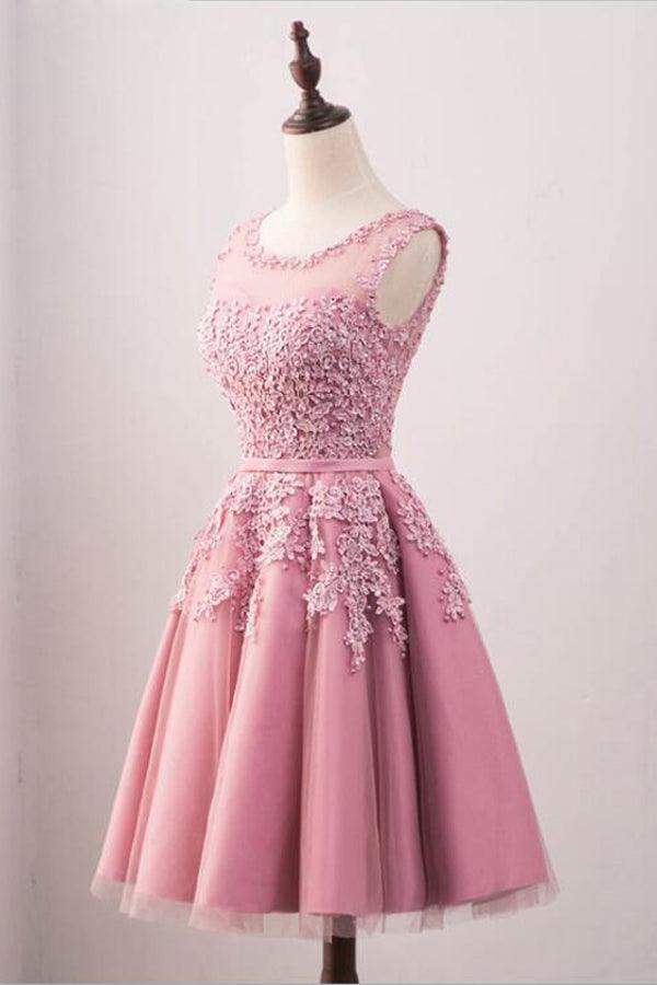 Elegant A-Line Crew Neck Knee-Length Tulle Homecoming Dress with Appliques TR0211 - Perfect for Prom, Formal Dances & Special Occasions