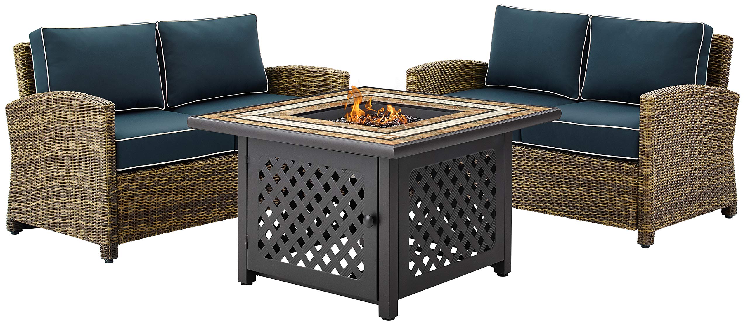 Crosley Bradenton 3-Piece Wicker Outdoor Loveseat Set with Gas Fire Pit Table & Navy Cushions - Brown Patio Furniture for Garden, Backyard, and Poolside Relaxation