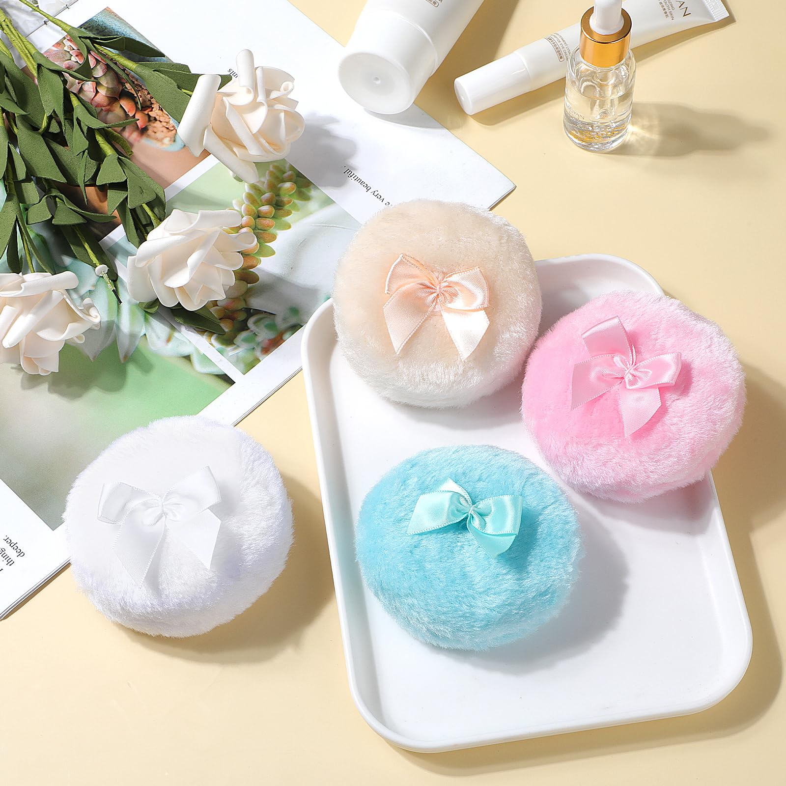 4-Pack Large Fluffy Powder Puffs (3.5 Inch) - Soft Washable Face & Body Makeup Puffs with Ribbon Bow Handle - Reusable Round Loose Powder Applicator for Kids & Adults (4 Colors) | Perfect for Setting Powder, Foundation & Body Makeup Application