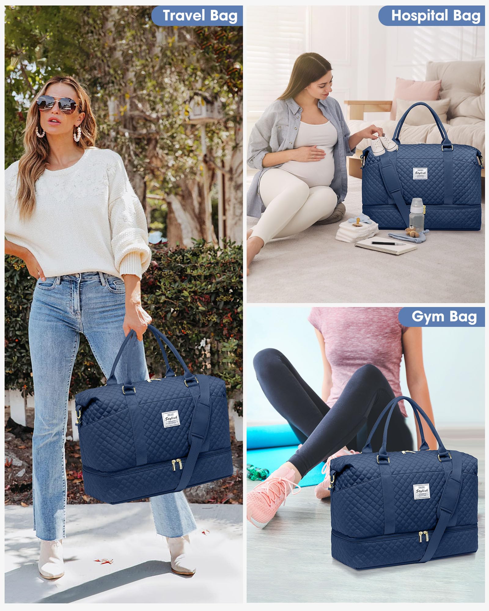 Women's Weekender Duffle Bag with Shoe Compartment & Wet Pocket - Lightweight Travel Overnight Bag, Carry-On Approved for Airplane, Hospital, Labor & Delivery - Perfect for Gym, Weekend Getaways & Business Trips (Blue)